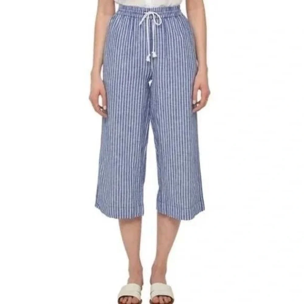 Beachlunchlounge Margot Striped Wide Leg Crop Pants Blue White Size Small NEW